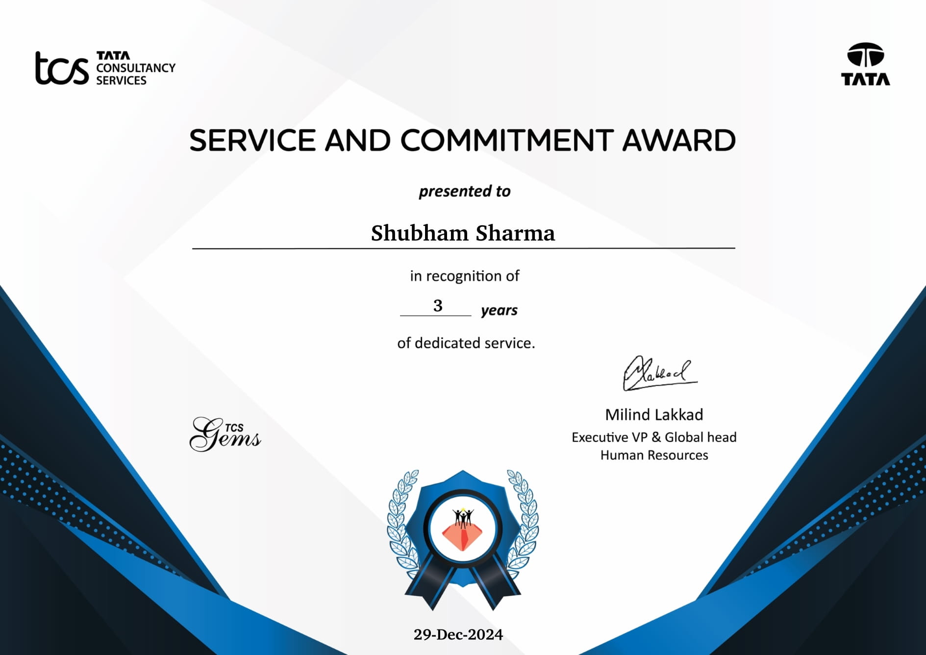 TCS Service And Commitment Award